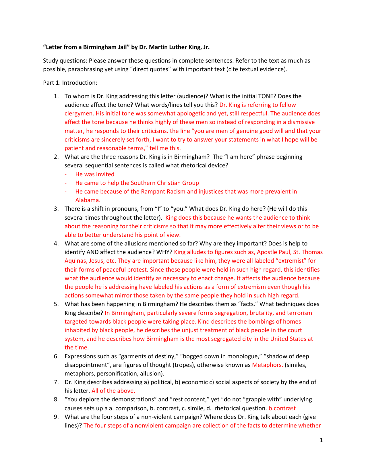 Letter From Birmingham Jail Study Questions Annotated Assignment On Letter From Birmingham Jail MLK Jr Studocu