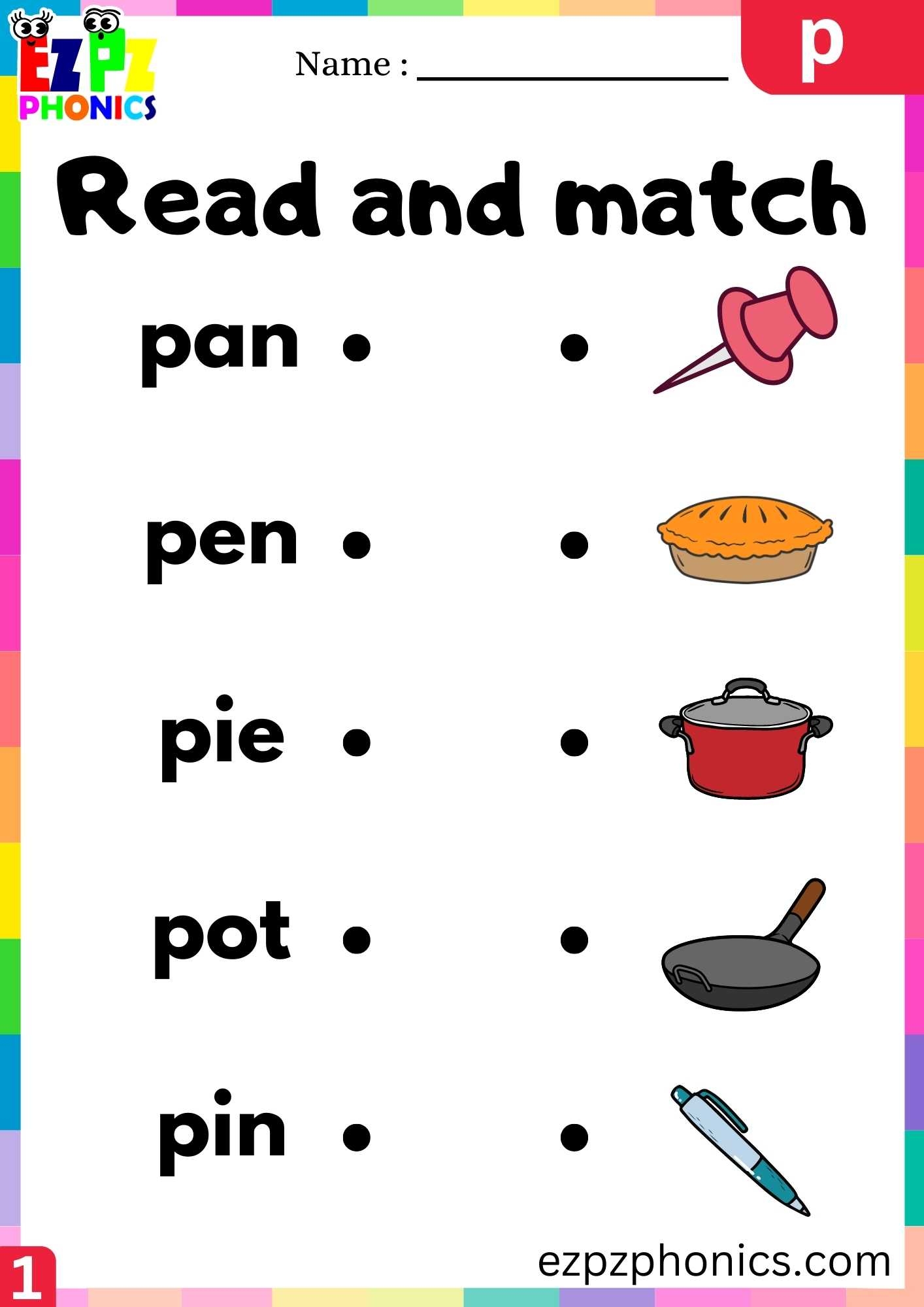 Letter P Read And Match Beginning Sounds Worksheet Ezpzphonics