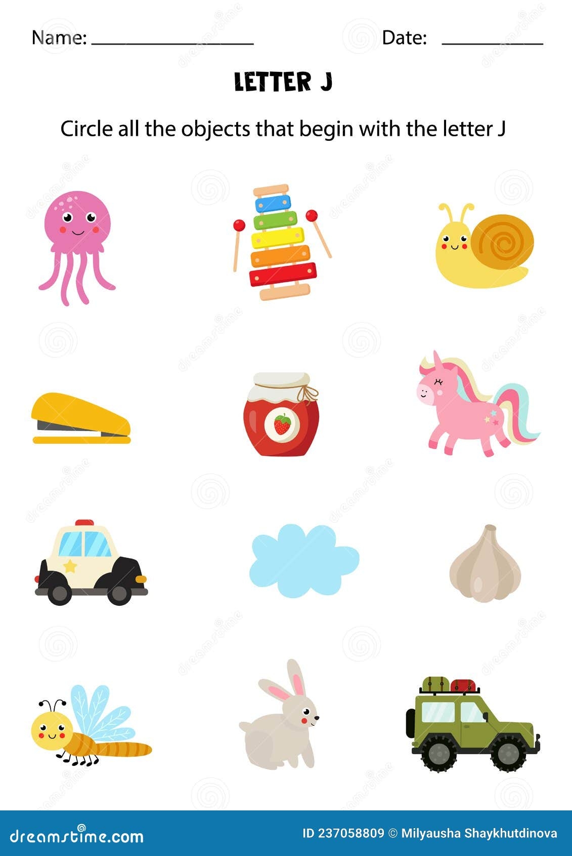 Letter Recognition For Kids Circle All Objects That Start With J Stock Vector Illustration Of Dragonfly Unicorn 237058809