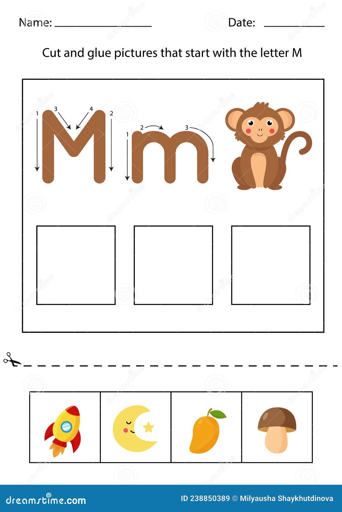 Letter Recognition For Kids Cut And Glue Letter M Stock Vector Illustration Of Worksheet Glue 238850389