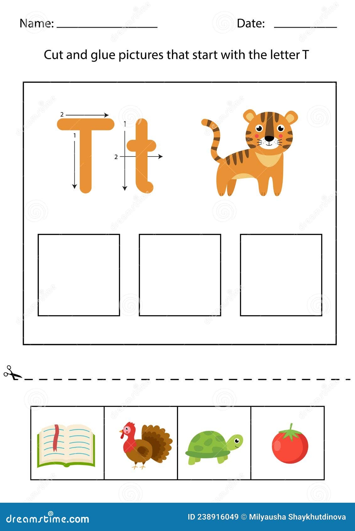 Letter Recognition For Kids Cut And Glue Letter T Stock Vector Illustration Of Isolated Worksheet 238916049 Free Letter T Phonics Worksheet Beginning Sounds