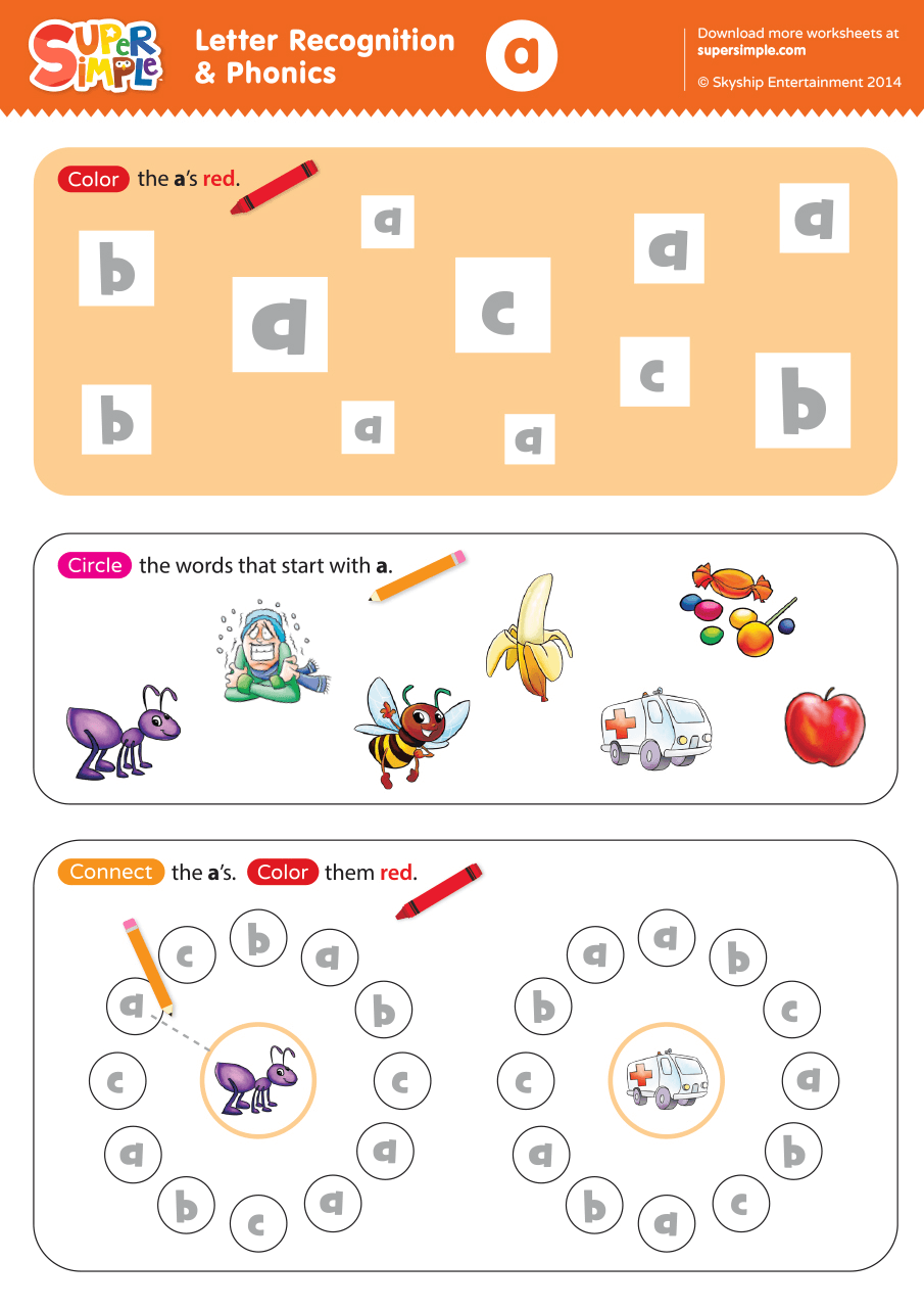 Letter Recognition Phonics Worksheet A Lowercase Super Simple Letter Recognition Phonics Worksheet A Lowercase Super Simple