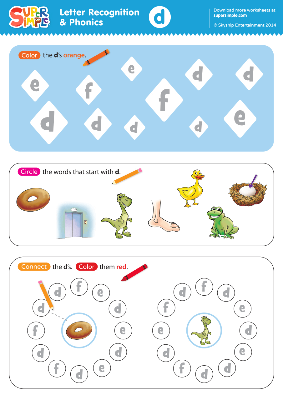 Letter Recognition Phonics Worksheet D lowercase Super Simple