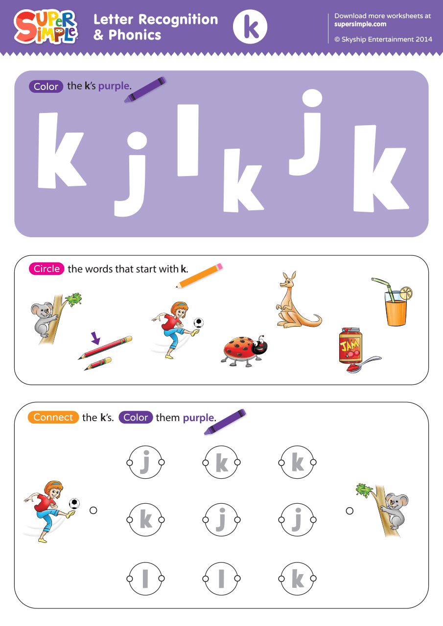 Letter Recognition Phonics Worksheet K Lowercase Super Simple Free Letter K Phonics Worksheet For Preschool Beginning Sounds
