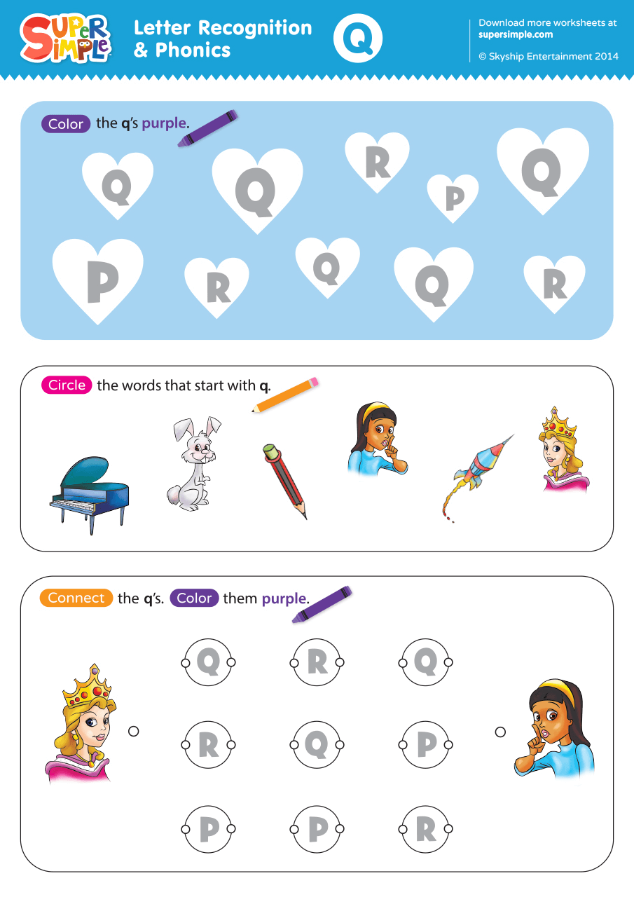 Letter Recognition Phonics Worksheet Q Uppercase Super Simple
