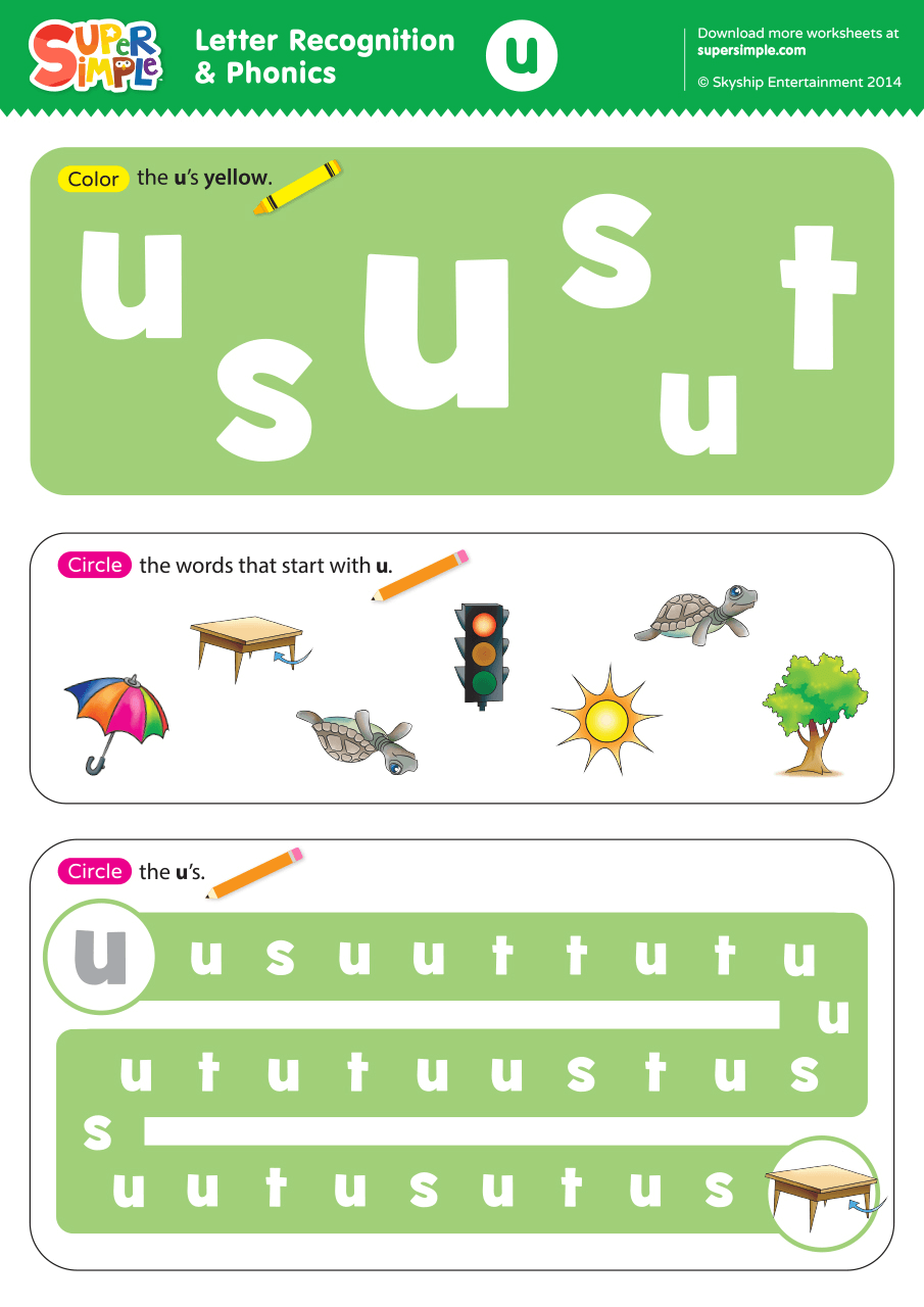 Letter Recognition Phonics Worksheet U Lowercase Super Simple Letter Recognition Phonics Worksheet U Lowercase Super Simple