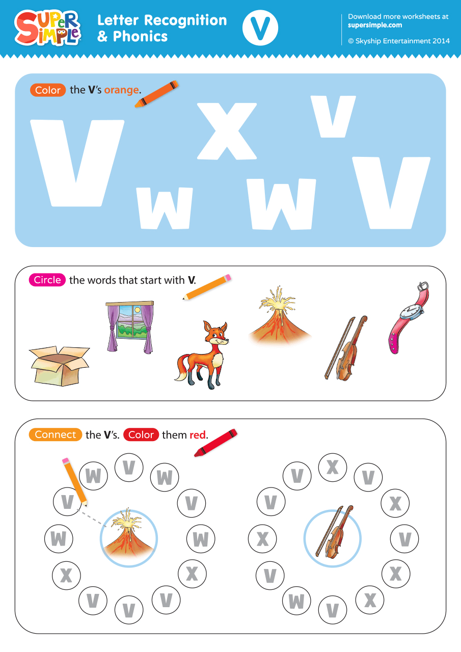 Letter Recognition Phonics Worksheet V Uppercase Super Simple Letter Recognition Phonics Worksheet V Uppercase Super Simple