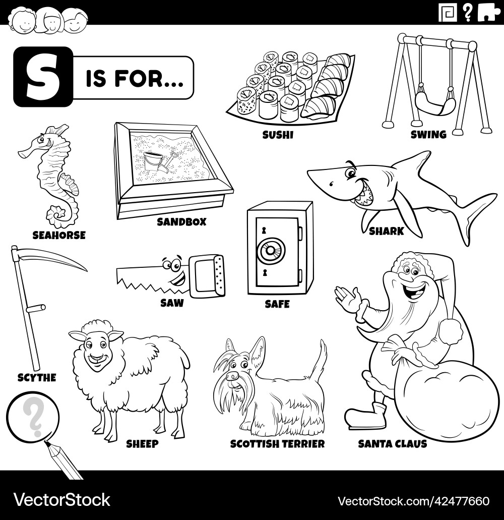 Letter S Words Educational Set Coloring Book Page Royalty Free Vector VectorStock Letter S Words Educational Set Coloring Book Page Royalty Free Vector VectorStock