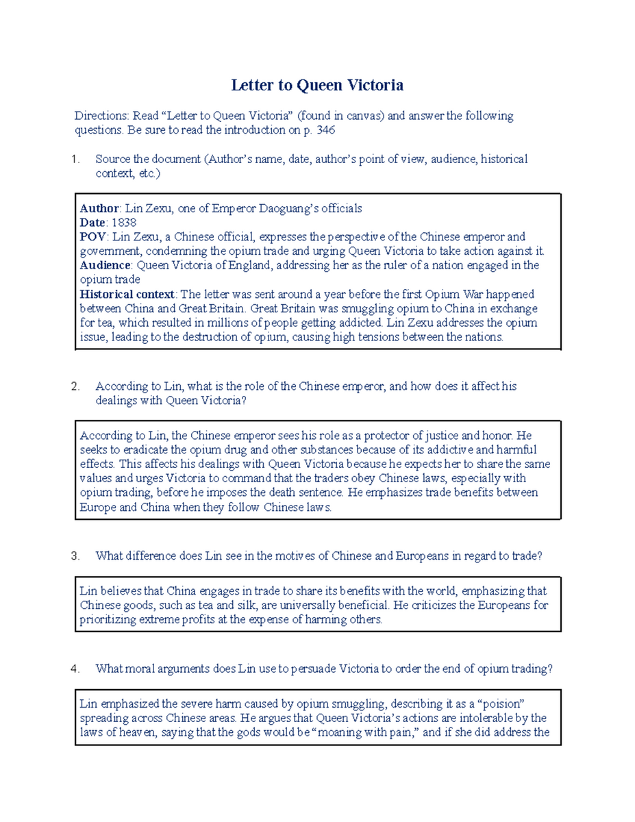 Letter To Queen Victoria Historical Analysis Context Student Handout Studocu