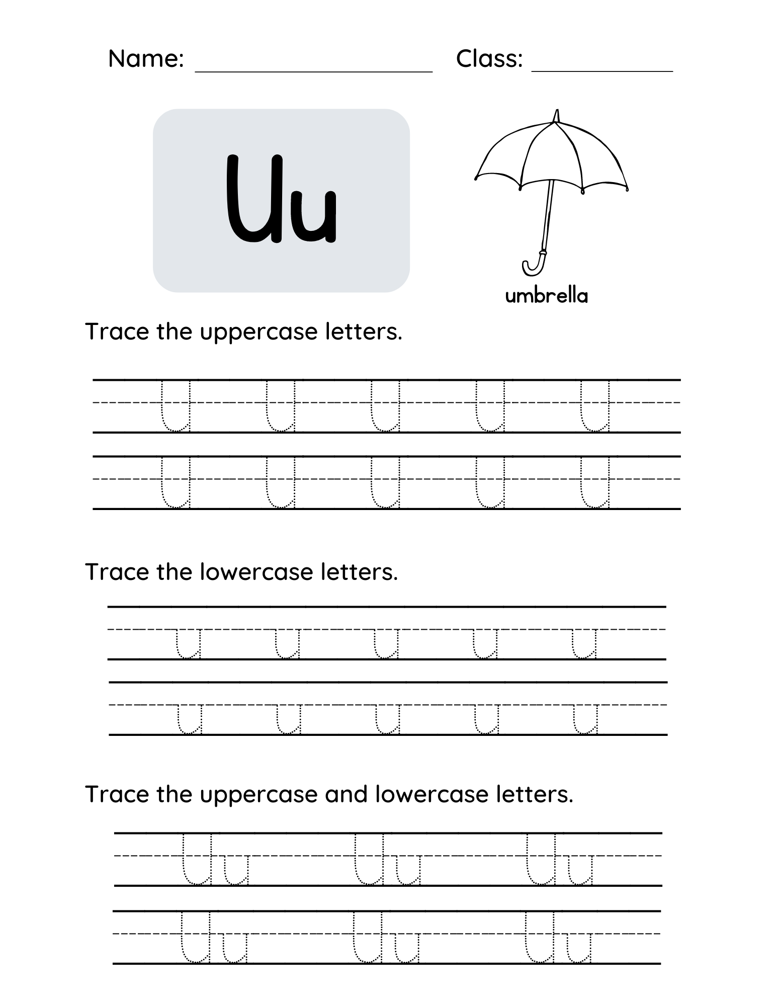 Letter U Tracing Worksheets For Toddlers And Preschool Children Letter U Worksheet Umbrella Theme Royalty Free Vector VectorStock