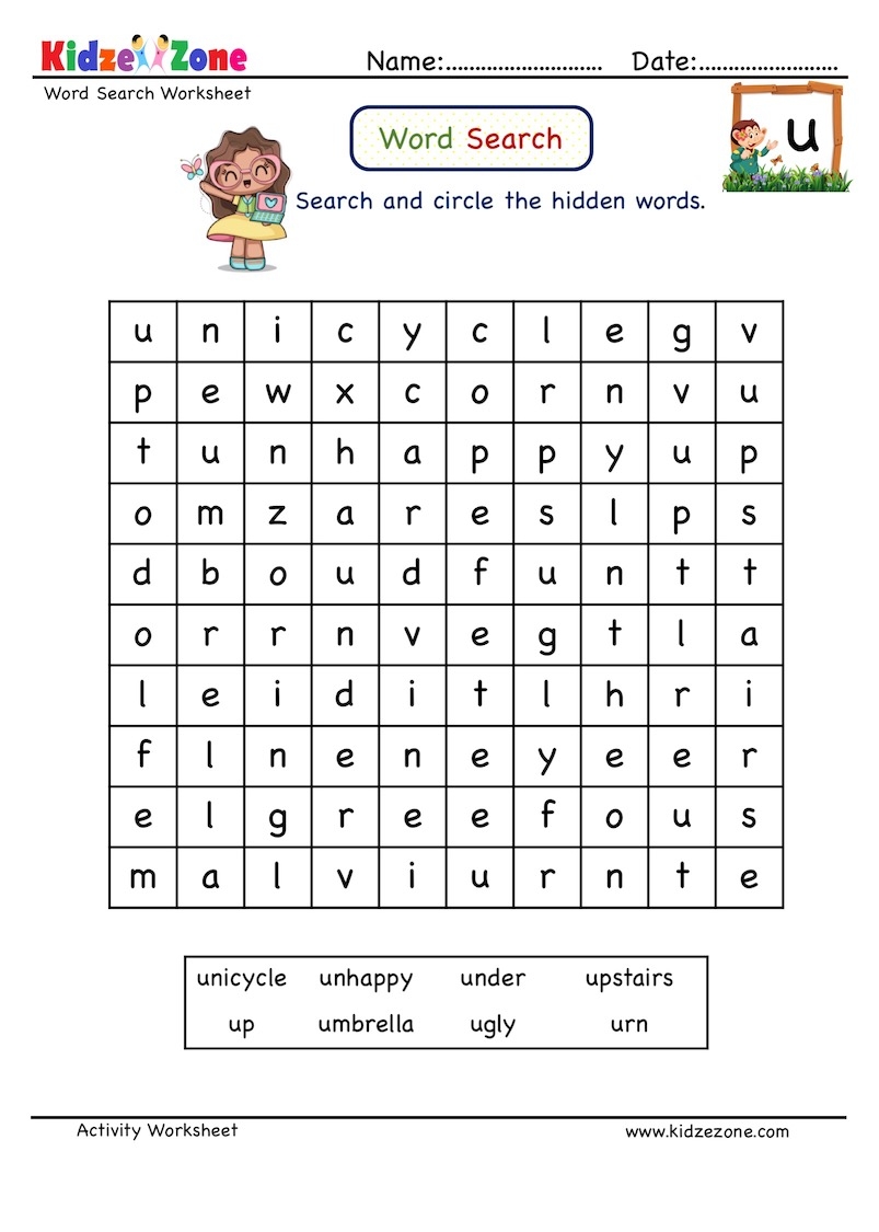 Letter U Words Puzzle Worksheet KidzeZone