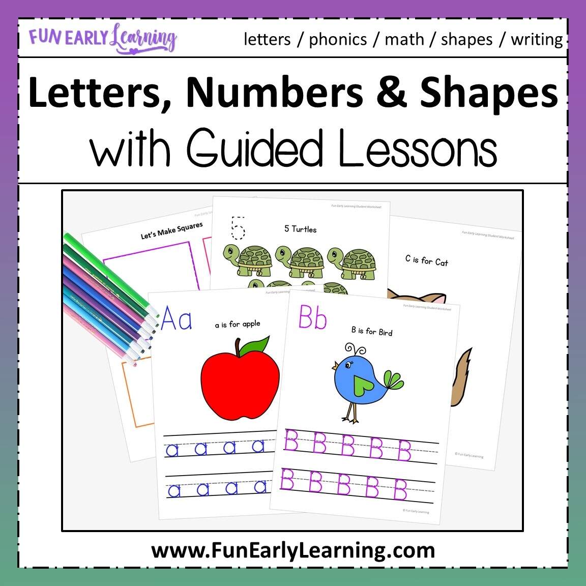 Letters Numbers Shapes Worksheets With Guided Lessons Bundle Fun Early Learning