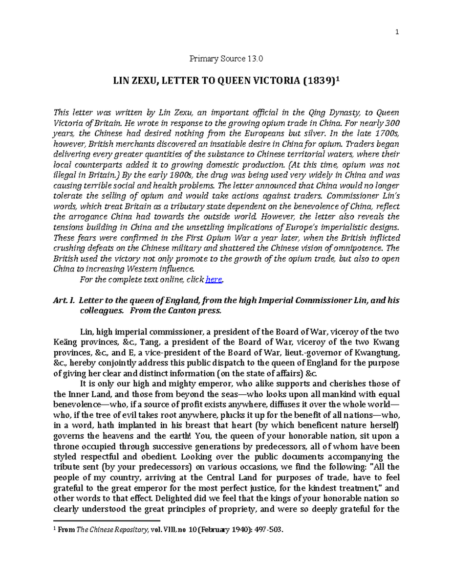 Lin Zexu S Letter To Queen Victoria Addressing The Opium Crisis 1839 Studocu
