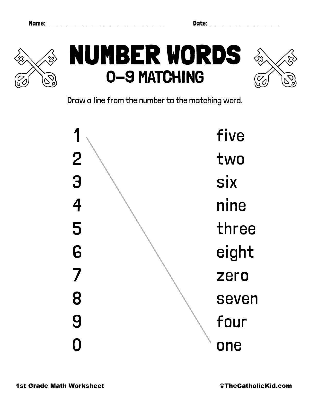 Match The Numbers Keys Of Saint Peter 1st Grade Math Worksheet Catholic