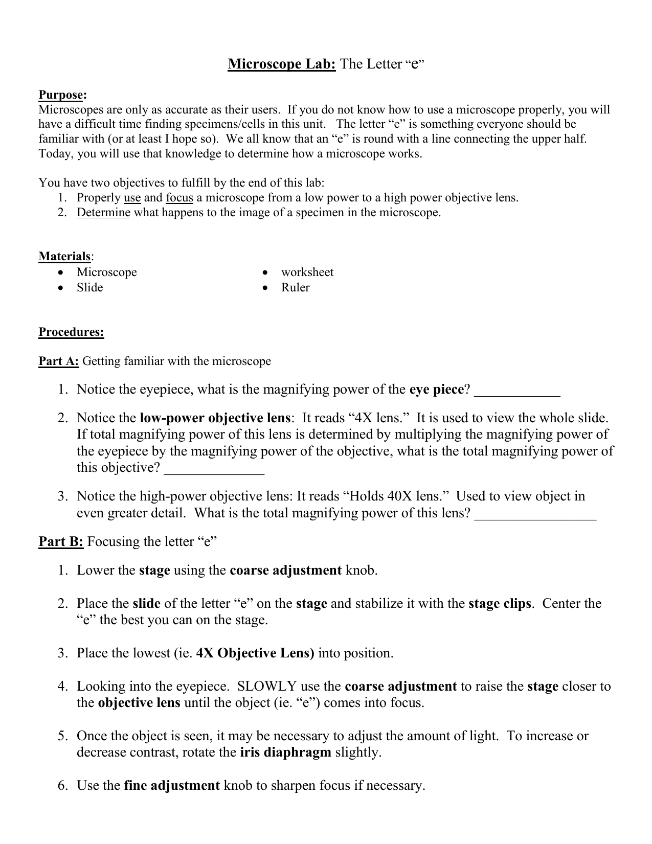 Microscope Lab The Letter e Worksheet