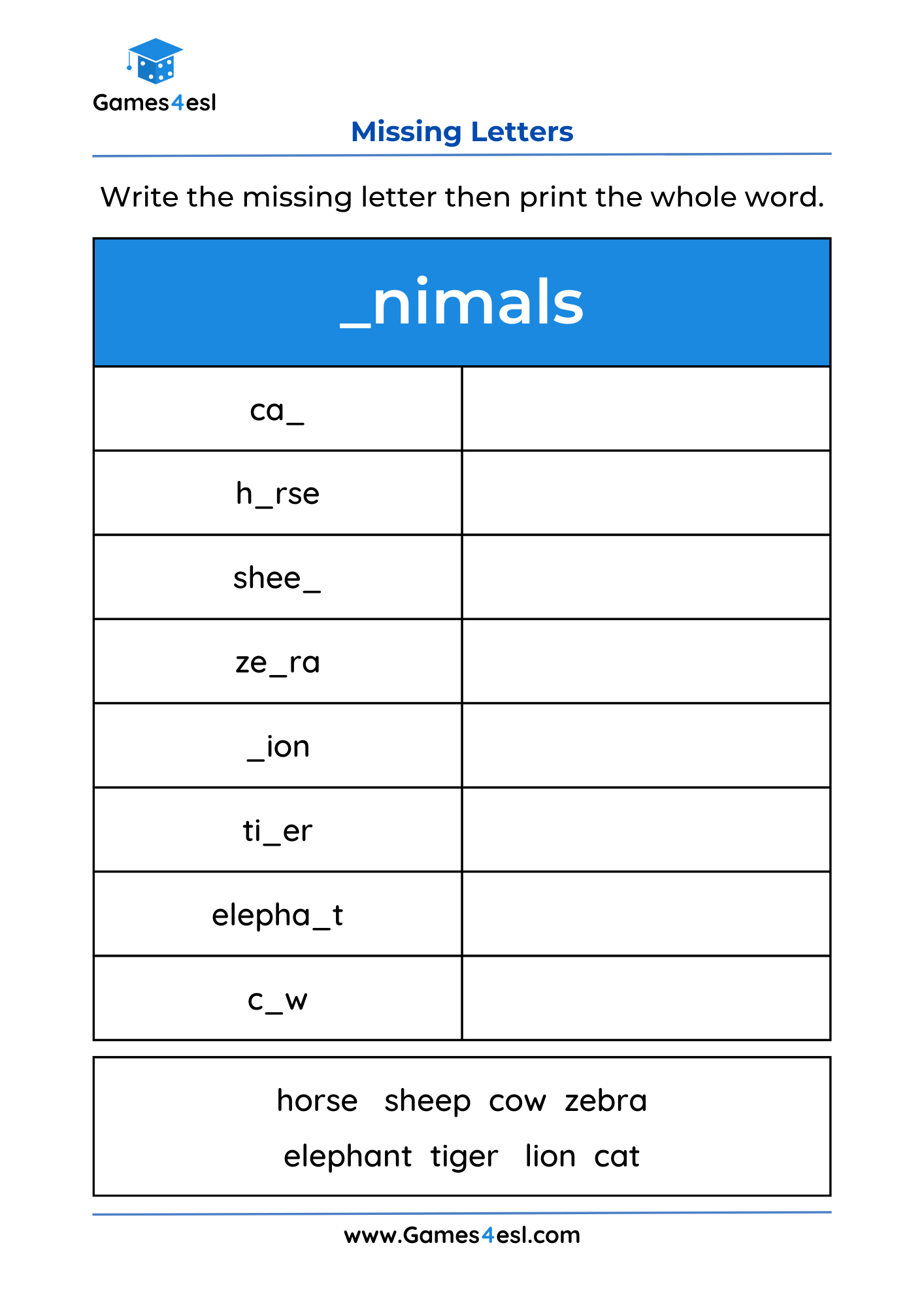 Missing Letter Worksheets Games4esl