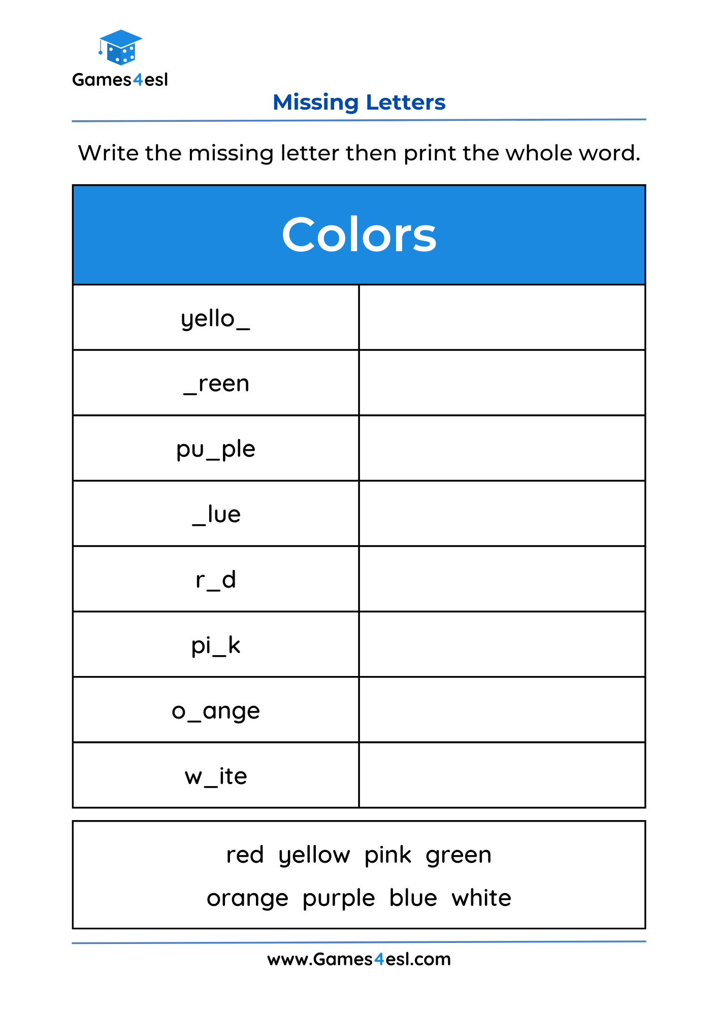 Missing Letter Worksheets Games4esl Fill In The Missing Letters Free Complete Missing Letters In Words Worksheets