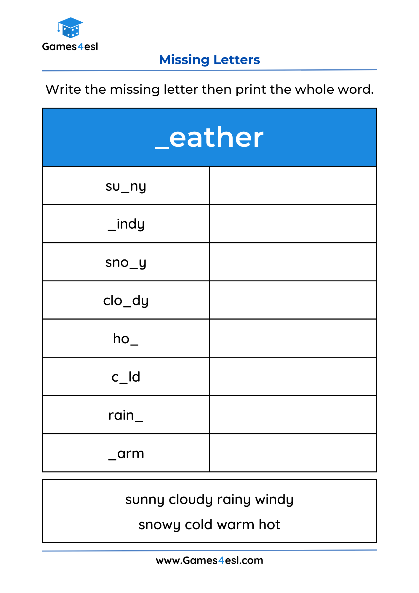 Missing Letter Worksheets Games4esl Missing Letter Worksheets Games4esl