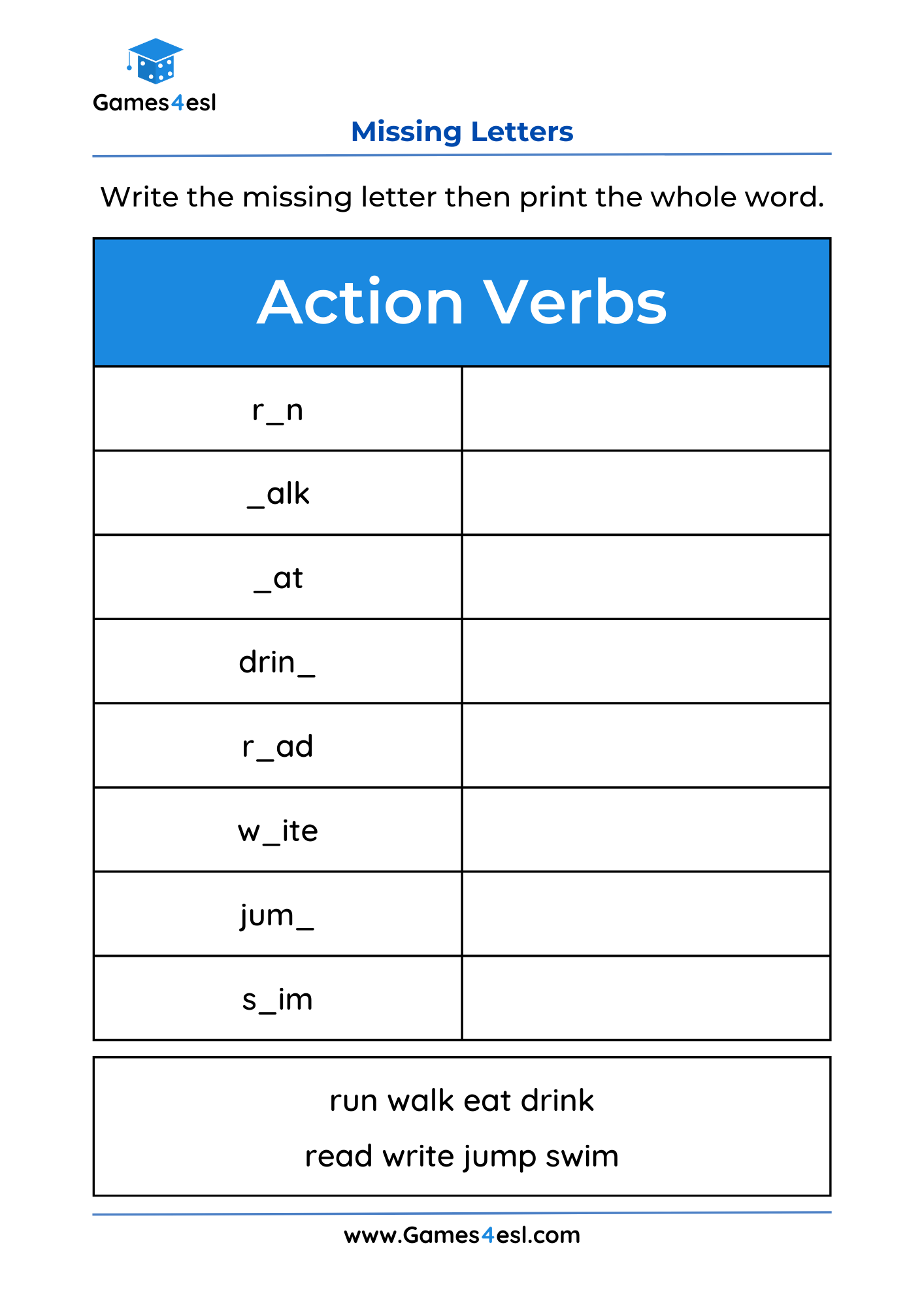 Missing Letter Worksheets Games4esl Missing Letter Worksheets Games4esl