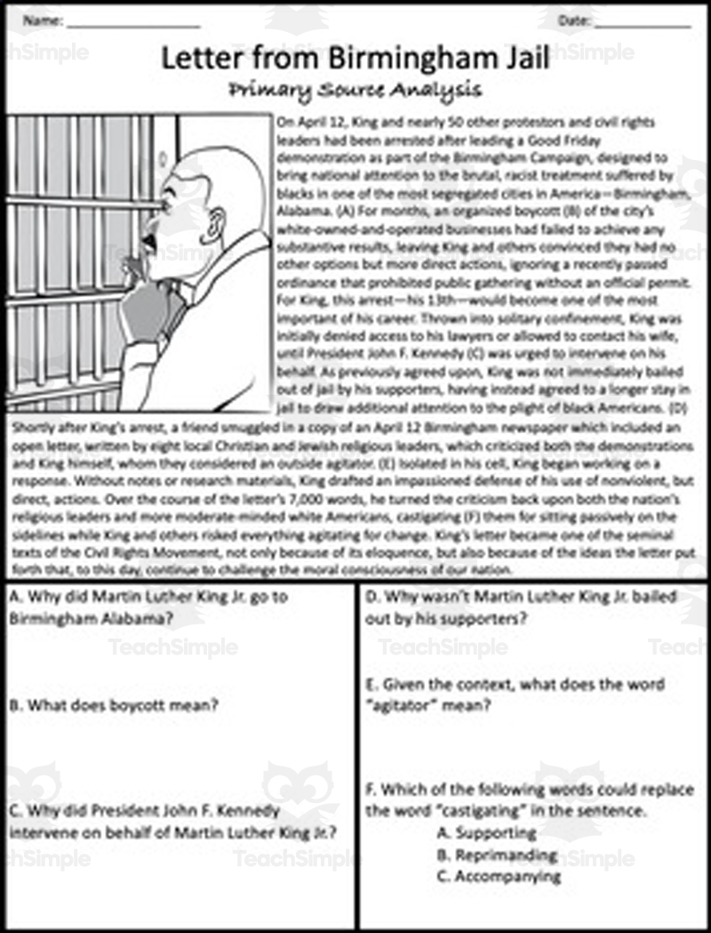 MLK Jr S Letter From A Birmingham Jail Primary Source Analysis By Teach Simple MLK Jr S Letter From A Birmingham Jail Primary Source Analysis By Teach Simple