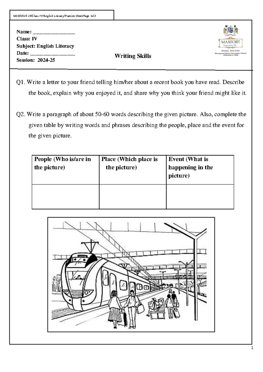 MSD 2024 25 Class IV English Literacy Writing Skills Revision Worksheet Studocu