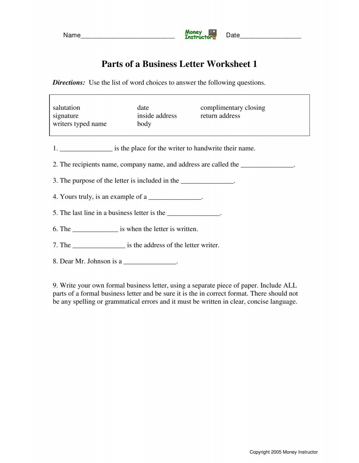 Business Letter Worksheet Worksheets Library