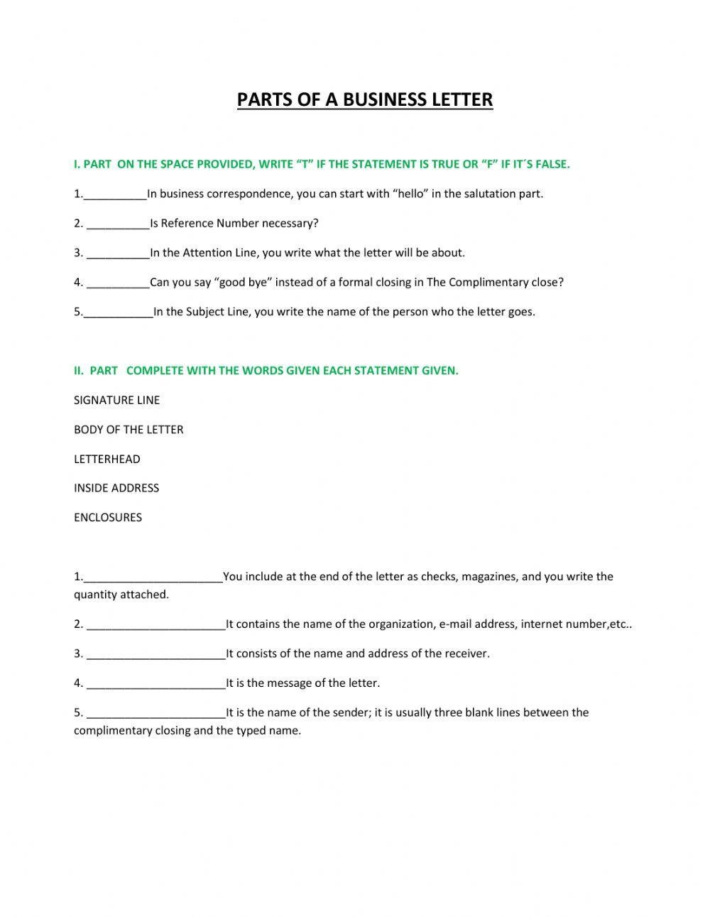 Parts Of A Business Letter Worksheet Worksheets Library