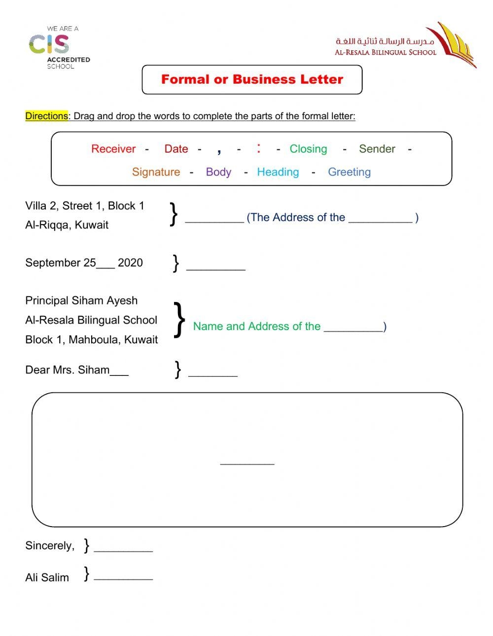 Parts Of Formal Letter Worksheet Worksheets Library