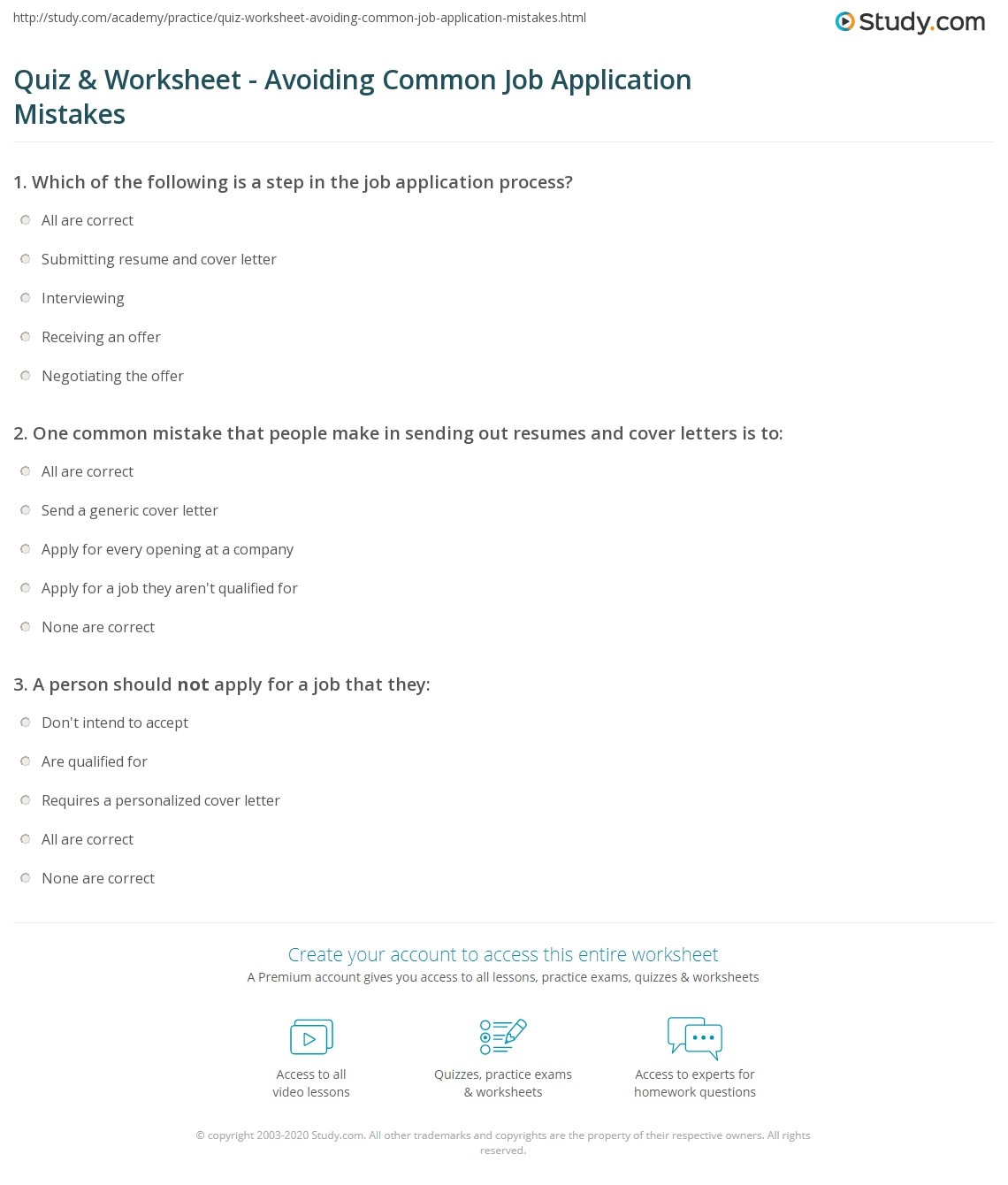 Quiz Worksheet Avoiding Common Job Application Mistakes Study Quiz Worksheet Avoiding Common Job Application Mistakes Study