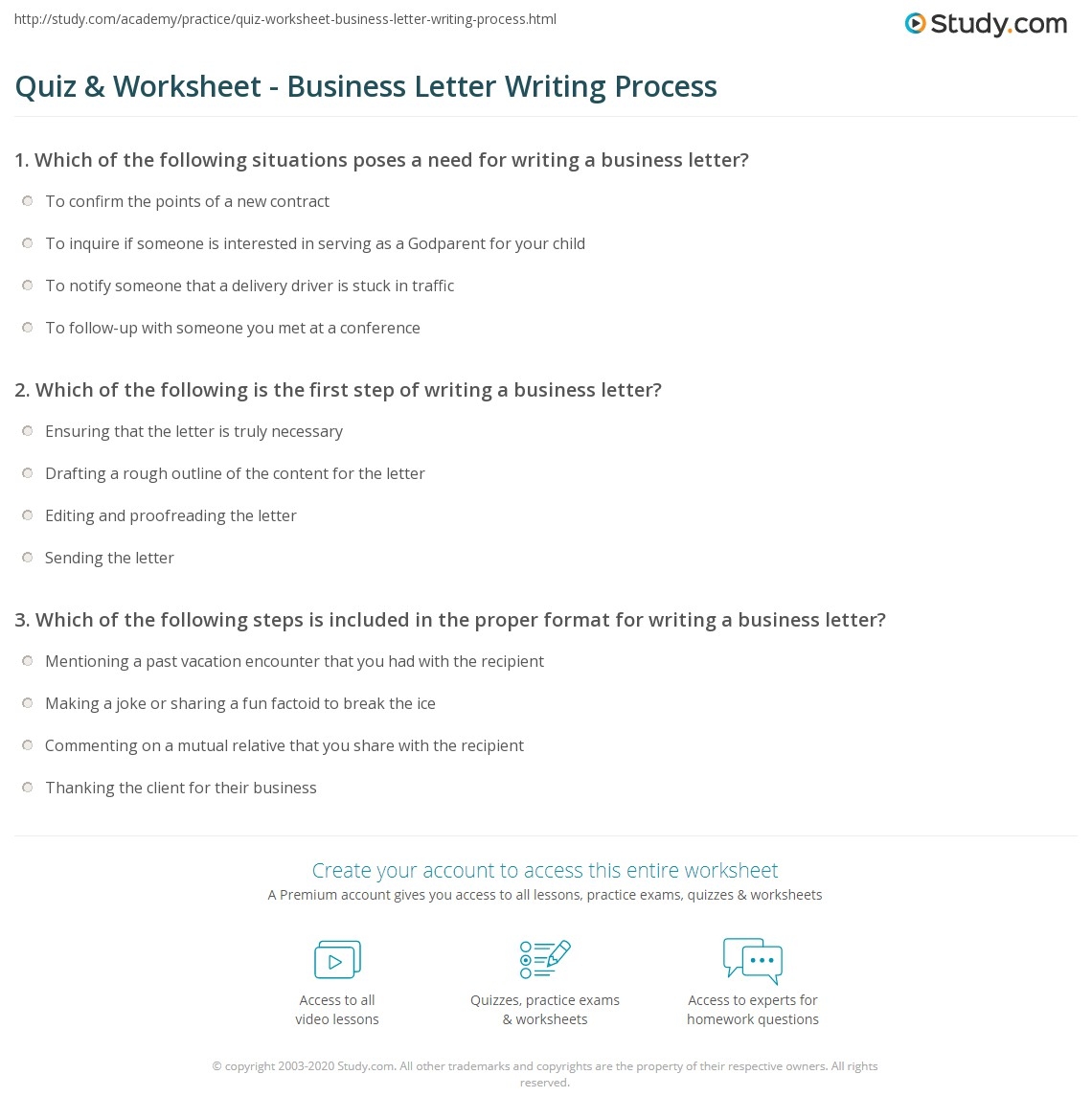 Quiz Worksheet Business Letter Writing Process Study