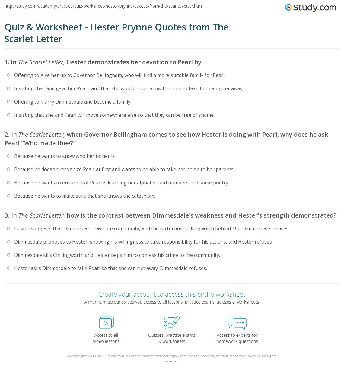 Quiz Worksheet Hester Prynne Quotes From The Scarlet Letter Study