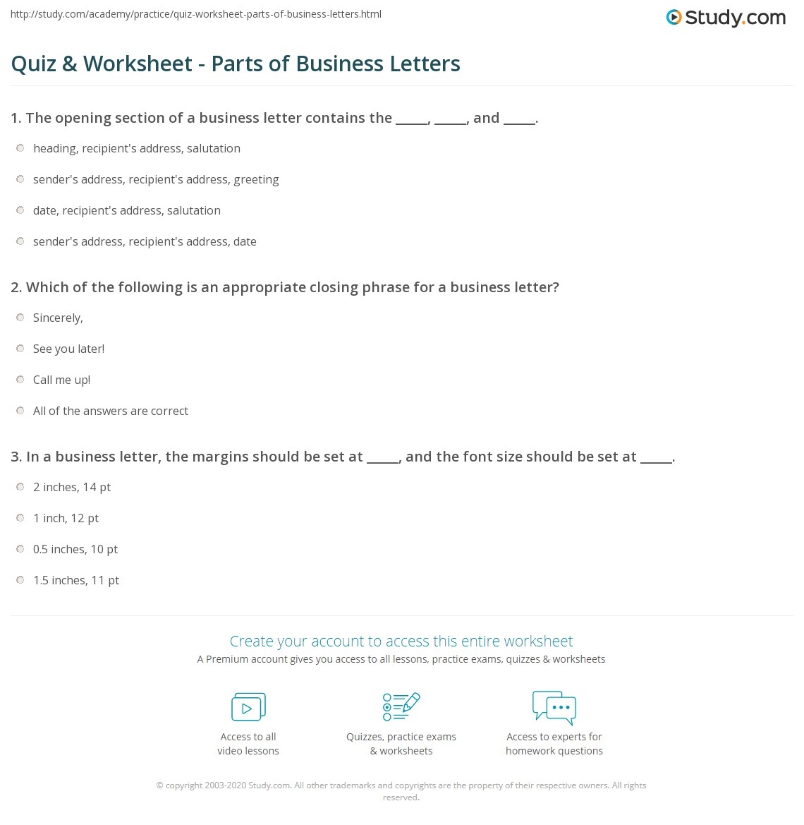 Quiz Worksheet Parts Of Business Letters Study Quiz Worksheet Parts Of Business Letters Study