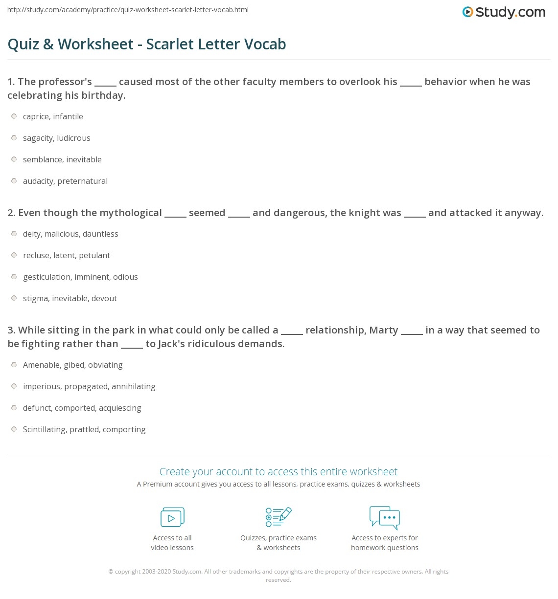 Quiz Worksheet Scarlet Letter Vocab Study