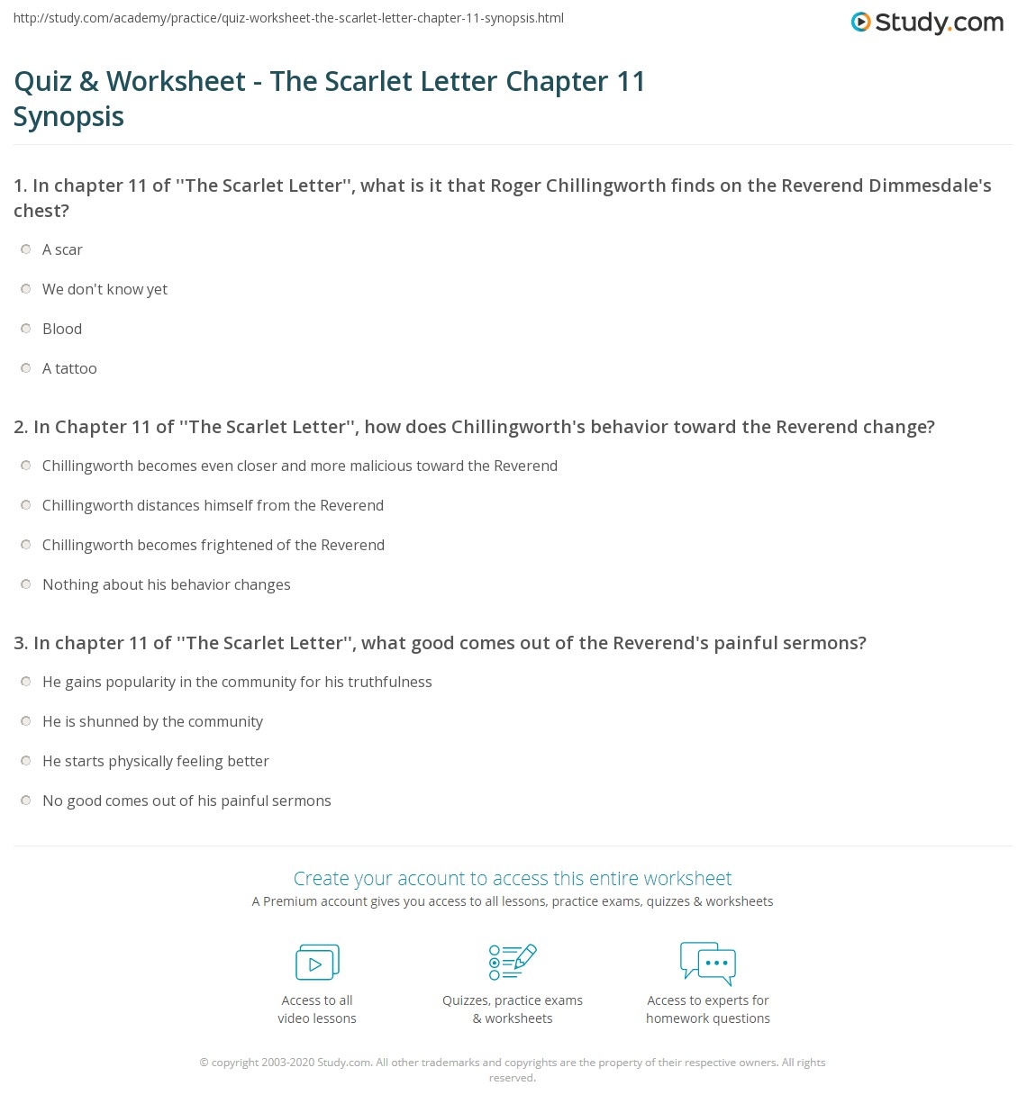 Quiz Worksheet The Scarlet Letter Chapter 11 Synopsis Study