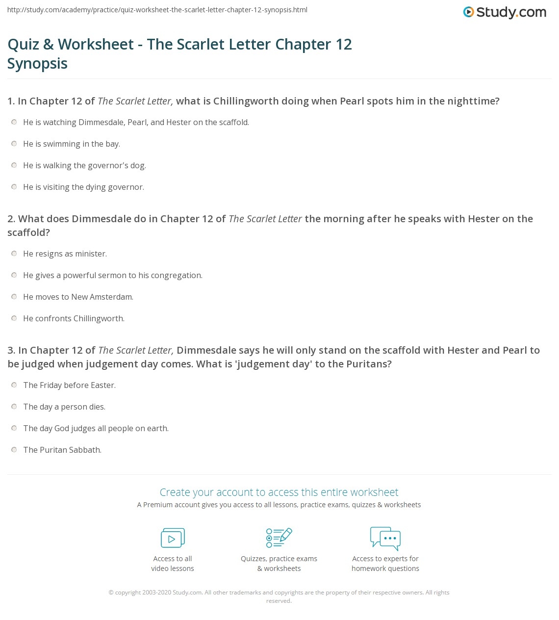 Quiz Worksheet The Scarlet Letter Chapter 12 Synopsis Study