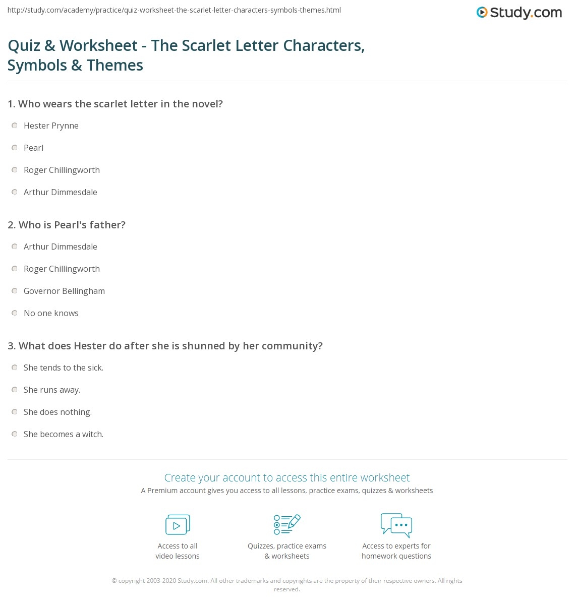 Quiz Worksheet The Scarlet Letter Characters Symbols Themes Study