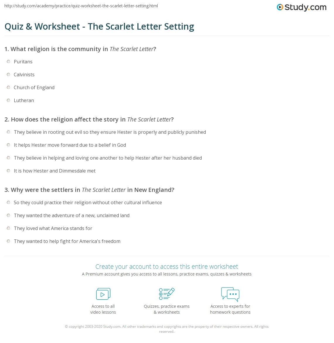 Quiz Worksheet The Scarlet Letter Setting Study