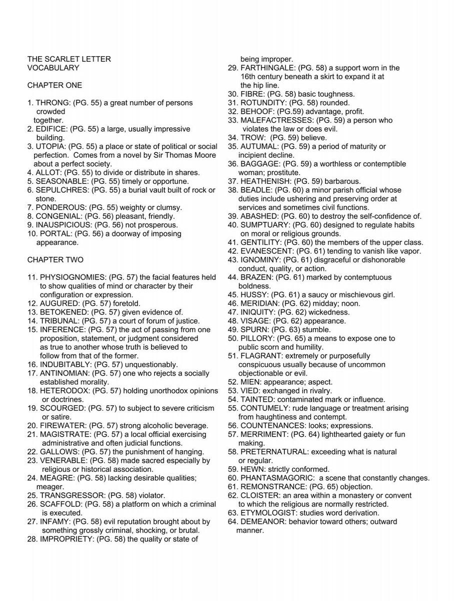 Scarlet Letter Complete Vocabulary List CIBACS