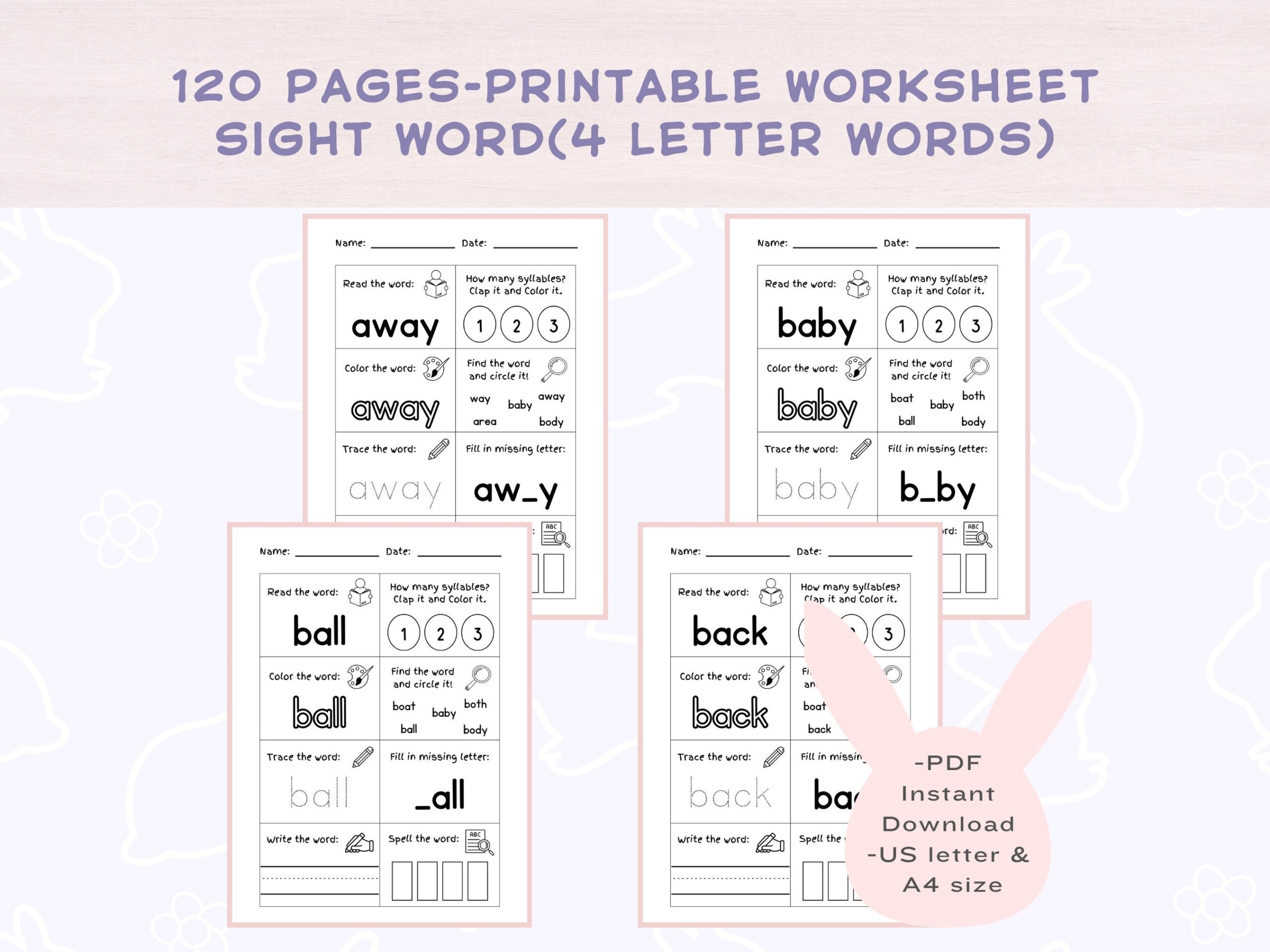 Sight Word Worksheet Four Letter Words Handwriting Practice PDF Digital Download Etsy