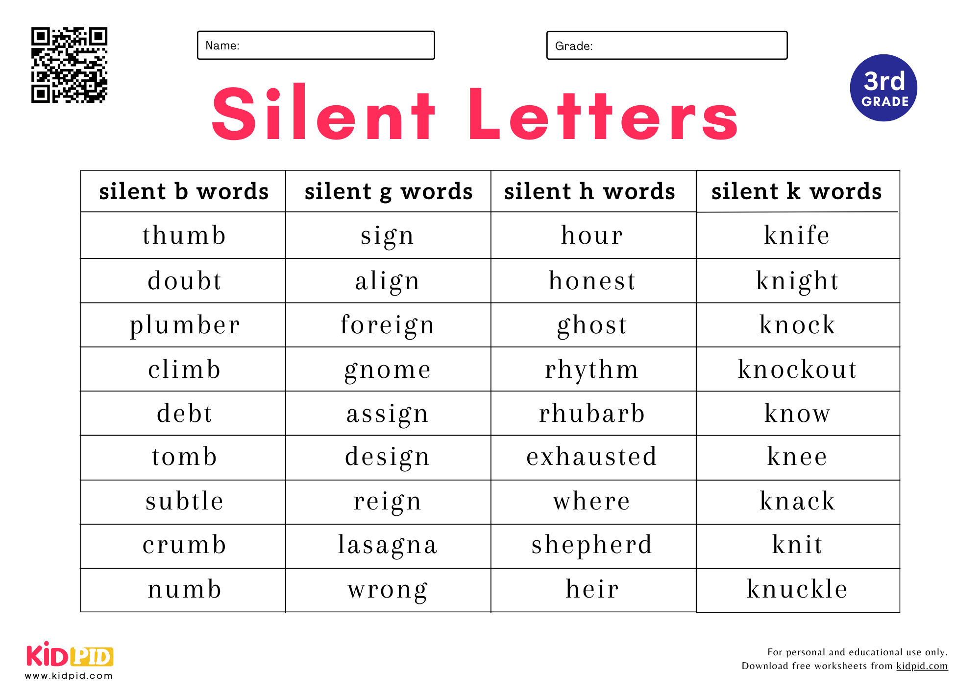 Silent Letters Spelling List Worksheet For Grade 3 Kidpid