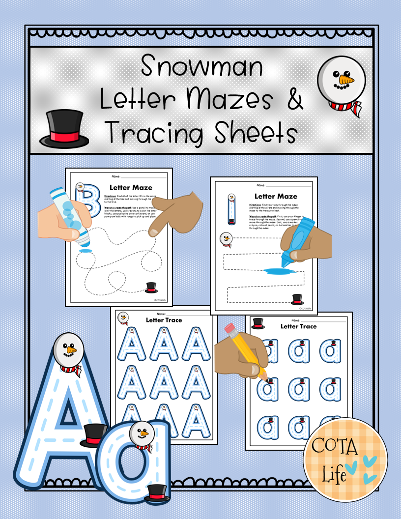 Snowman Letters Tracing And Mazes Your Therapy Source Snowman Alphabet Letter Tracing Task Cards