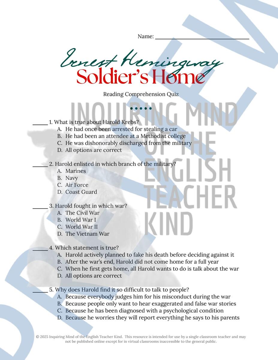 Soldier S Home By Ernest Hemingway Quiz And Answer Key Historical Fiction Made By Teachers Soldier S Home By Ernest Hemingway Quiz And Answer Key Historical Fiction Made By Teachers
