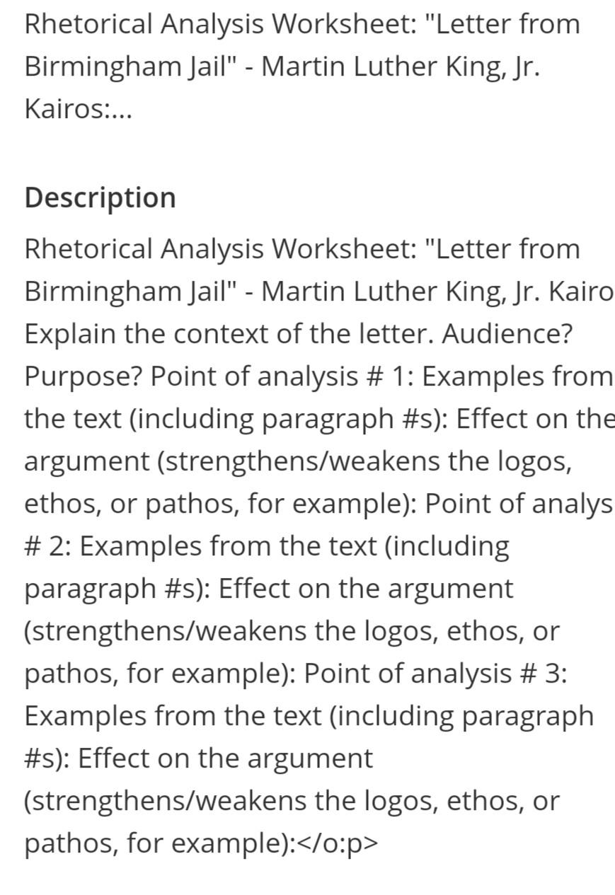 Solved Rhetorical Analysis Worksheet Letter From Chegg