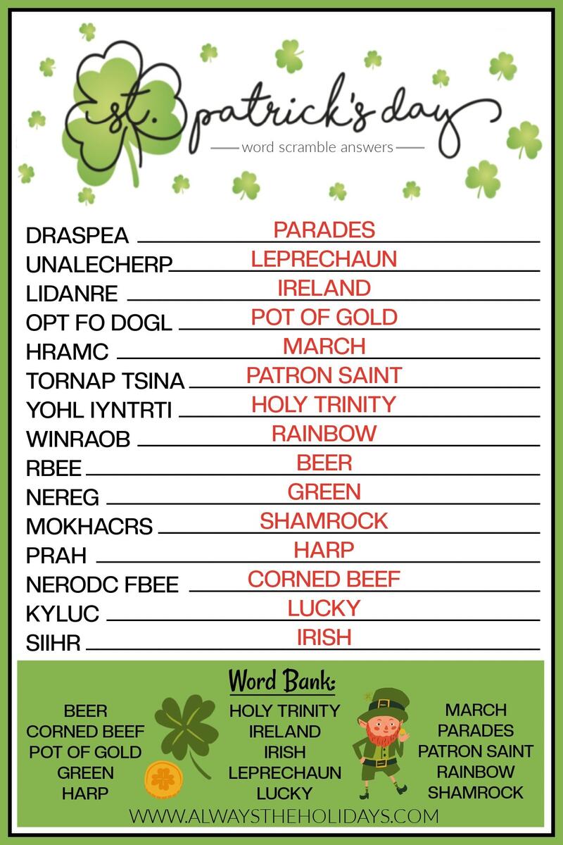 St Patrick s Day Word Scramble Printable With Answers Included