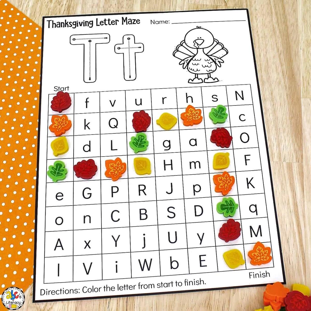 Thanksgiving Letter Maze Preschool Worksheets