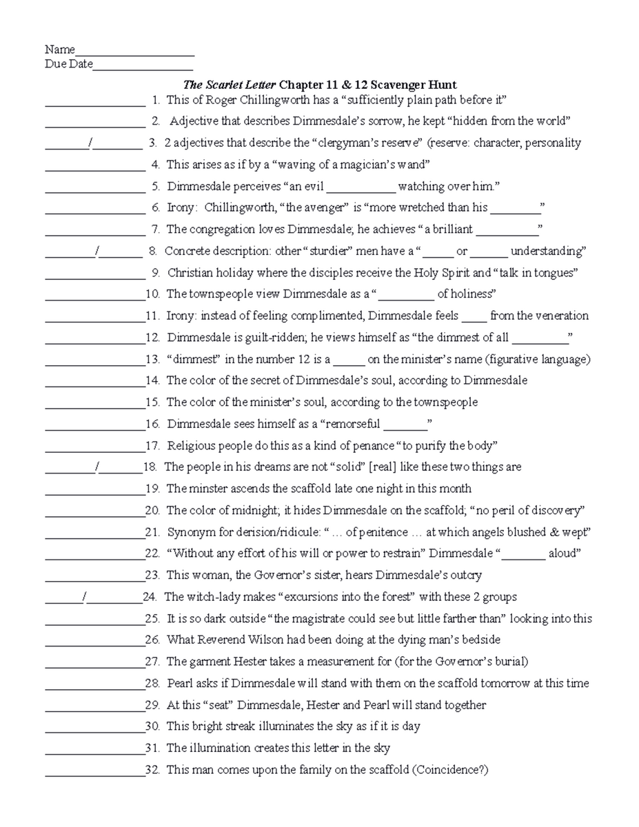 The Scarlet Letter Ch 11 12 Scavenger Hunt KEY Studocu