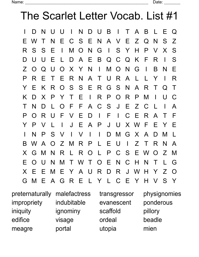 The Scarlet Letter Vocab List 1 Word Search WordMint