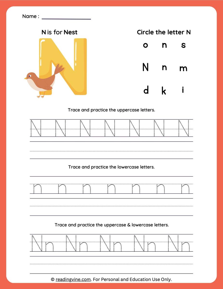 Tracing Letter N Worksheets For Preschool
