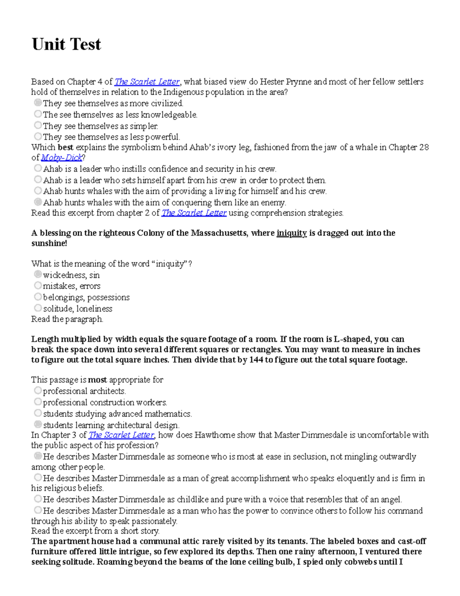Unit Test Key Concepts From Scarlet Letter Moby Dick Studocu