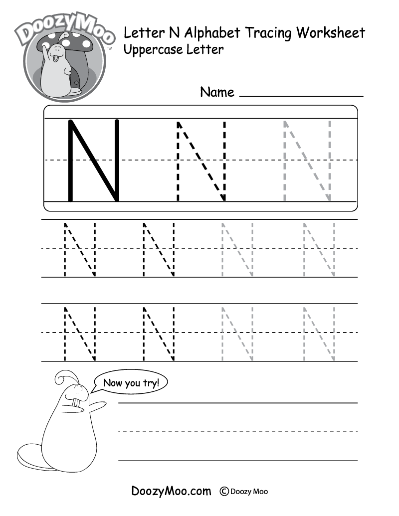 Uppercase Letter N Tracing Worksheet Doozy Moo Tracing Letter N Worksheets For Preschool